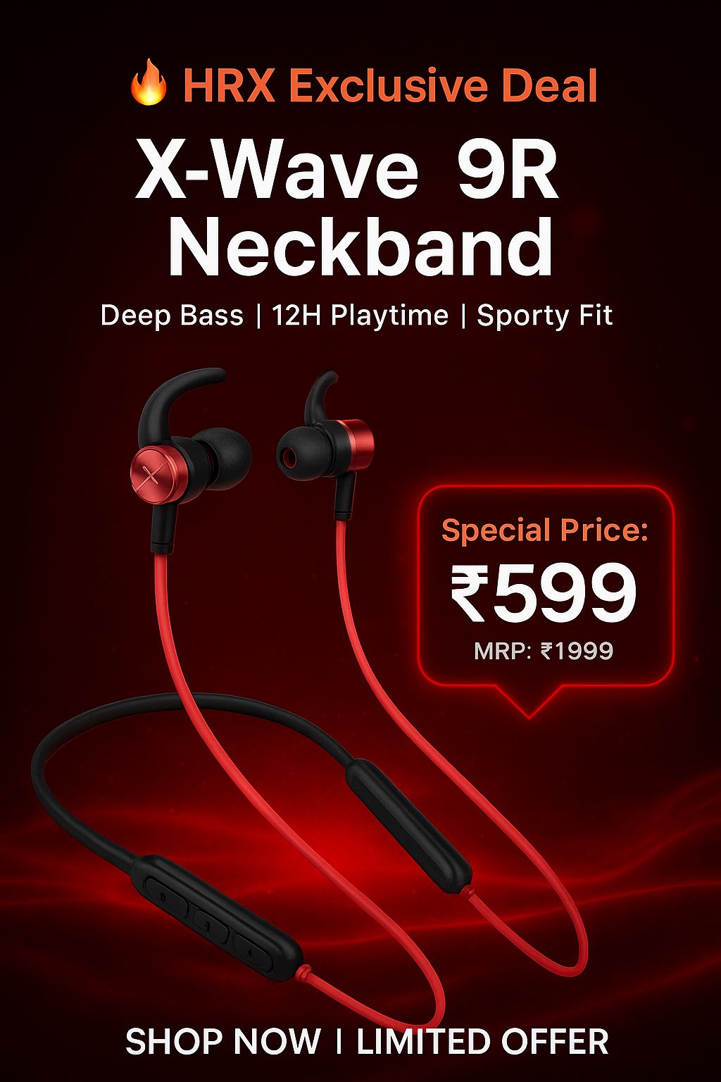 HRX 9R_3 Bluetooth  (Blazing Red, In the Ear)