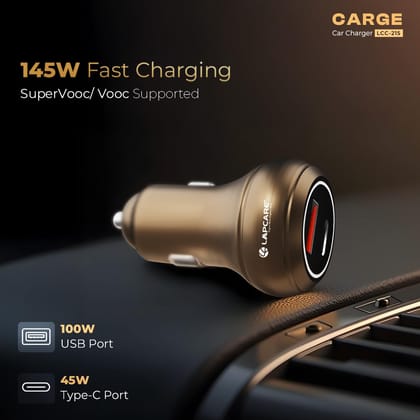 LAPCARE CARGE 145W Car Charger with Dual Output, Type C (45W) PD/PPS, USB Port (100w), Compatible for Smartphones, USB Devices (Copper & Golden) LAPCARE CARGE 145W Car Charger with Dual Output, Type C (45W) PD/PPS, USB Port (100w), Compatible for Smartphones, USB Devices (Copper & Golden)