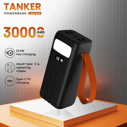 Lapcare Tanker 30000Mah Powerbank,Metallic Body|4X USB & 22.5W QC PD3.0 Type-C Micro USB Input Fast Charging with Dual Attached Cable for iPhone & Android Devices|Multi Layer Protection|Made in India Lapcare Tanker 30000Mah Powerbank,Metallic Body|4X USB & 22.5W QC PD3.0 Type-C Micro USB Input Fast Charging with Dual Attached Cable for iPhone & Android Devices|Multi Layer Protection|Made in India