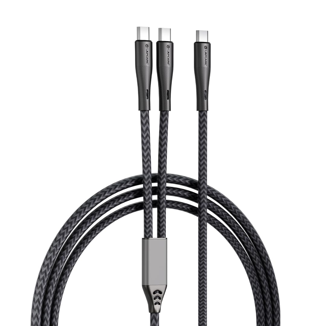 LAPCARE HOOK 2-in-1 USB-C to C Combo Fast Charging Cable 65W | 1.2m Nylon Braided | PD Fast Charge & Data Sync | Compatible with Laptop, iPad, iPhone, Samsung & Other Type C Devices